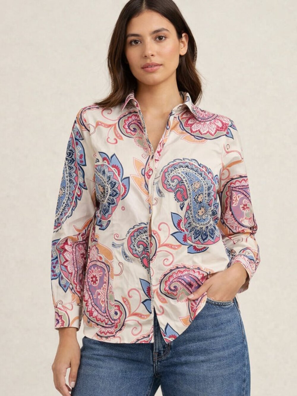 Chico's No-Iron Paisley Sateen Button-Up Shirt Size 12-14 Chico's size 2